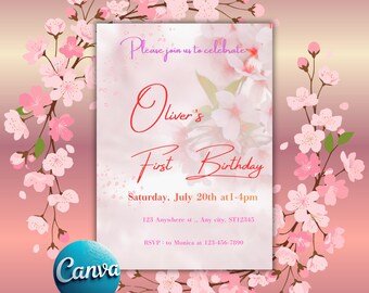 Editable Cherry Blossom Birthday Invitation | Floral Kids Party Card (5x7 Canva Download)