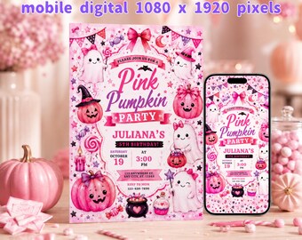 Editable Pink Pumpkin Halloween Birthday Invitation Bundle (5x7 Print & Phone)