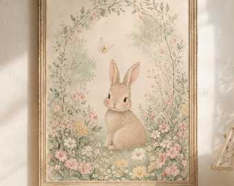 Vintage Bunny Wall Art, Boho Nursery Decor, Printable Digital Download, 24x36 18x24 16x20 11x14 A1, Sage Pink