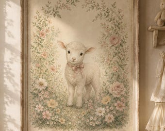 Vintage Lamb Floral Nursery Art, Boho Wildflower Garden Print (Digital Download)