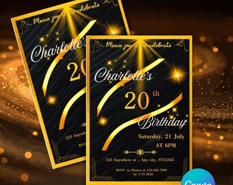 Black Gold Milestone Birthday Invitation, Elegant Party Template (Digital Download)