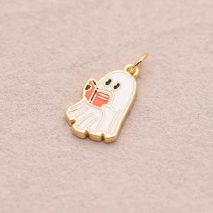 Cute Ghost Reading Book Charm with 18K Gold Filled Edge, Spooky Pendant for DIY Jewelry Making Gifts 18.5*10.5mm