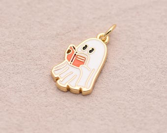Cute Ghost Reading Book Charm with 18K Gold Filled Edge, Spooky Pendant for DIY Jewelry Making Gifts 18.5*10.5mm