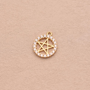 Pave Circle Star Charm Klar CZ 18K Guldfylld Fempunktshänge Halsband Armband Smyckesfynd 14*16 mm