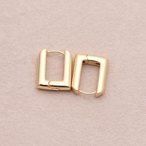 May include: A pair of gold-colored, rectangular hoop earrings. The earrings have a simple, modern design with a hinged closure. The earrings are shown on a neutral background.