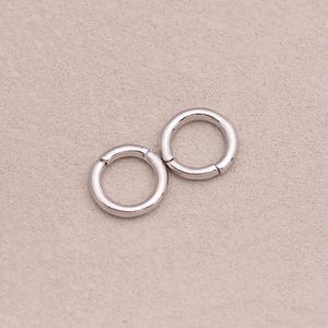 May include: Two silver hinged hoop earrings. Each earring is a complete circle with a small gap for the hinge. The earrings are displayed on a neutral, light beige surface.