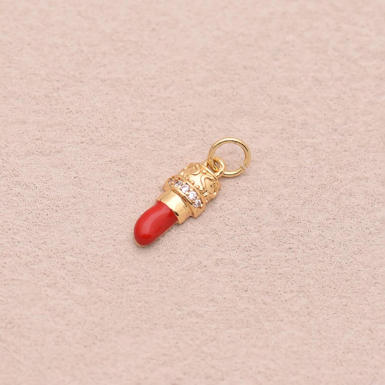 Radiant Lipstick Pendant with Red Enamel Tip and CZ Detail for Glam Jewelry Design Accents Diy 14.5*6mm image 1