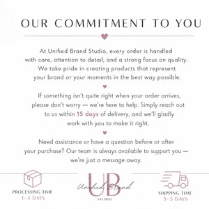 May include: A white graphic with the text "OUR COMMITMENT TO YOU" at the top. The text below describes the company's dedication to quality and customer service, including processing and shipping times.
