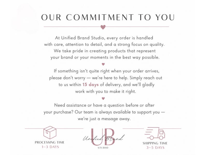 May include: A white graphic with the text "OUR COMMITMENT TO YOU" at the top. The text below describes the company's dedication to quality and customer service, including processing and shipping times.