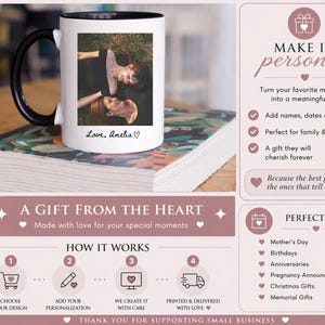 May include: White ceramic mug with a black handle, featuring a personalized photo and text "Love, Amelia." The mug is displayed on a stack of books. The image also includes text about personalization and gift ideas.