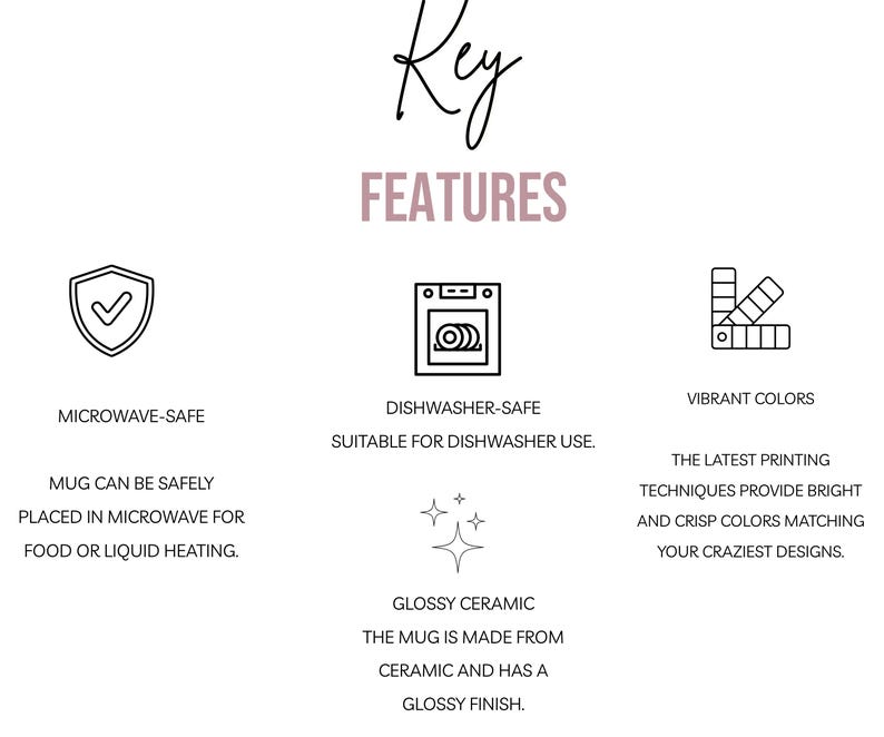 May include: An image with the text "Key Features" and icons indicating microwave-safe, dishwasher-safe, vibrant colors, and glossy ceramic. The text describes the mug's features, including its suitability for microwave and dishwasher use.