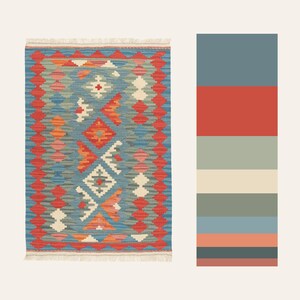 Small Kilim Rug 3x4, Blue and Red Plant Dyed Wool Rug, Double Sided Handwoven Flatweave, Colorful Rug with Diamonds