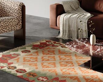 Dark Olive Green Kilim Rug 4x6, Oriental Flat Weave Wool Area Rug, Moroccan Terracotta Boho Carpet, Cool Tiger Decor Rugs