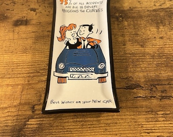 Vintage 1950s Novelty Ashtray Trinket Dish New Car Cartoon Hugging The Curves