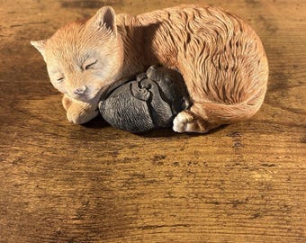 Vintage Occupied Japan Sleeping Cat & Kitten Figurine Orange Tabby Ceramic