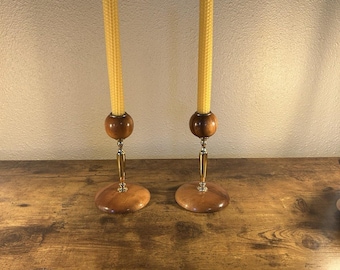 Vintage Myrtle Wood Candlestick Holders Pair Gold Tone Stem Oregon J.D. Molitor