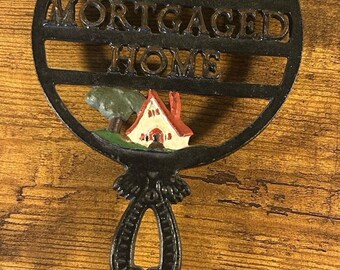 Vintage Cast Iron Trivet “God Bless Our Mortgaged Home” Wall Decor Farmhouse