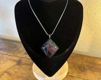 Multicolor Dichroic Glass Pendant Necklace Silver Tone Chain 20” Modern Jewlery