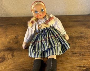 Vintage Austrian German Folk Costume Doll Blonde Braids Cloth Body 12”