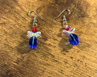 Colorful Glass Bead Dangle Earrings Blue Red Iridescent Handmade Style Boho Cute