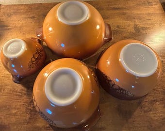 Vintage Pyrex Harvest Fruit Cinderella Mixing Bowl Set 4 Orange Brown
