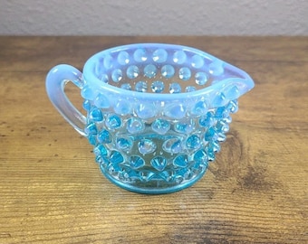 Vintage Blue Opalescent Hobnail Glass Mini Creamer Pitcher Toothpick Holder 2.5"