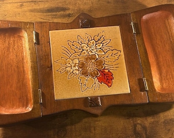Vintage Handmade Wood Cheese Board Tile Center Folding Serving Tray Carved Flora