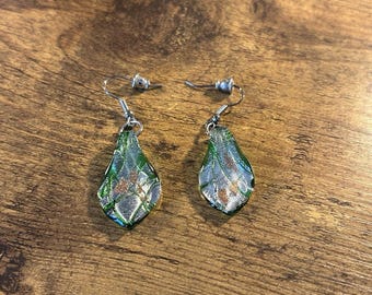 Green Art Glass Dangle Earrings Dichroic Style Silver Tone Hook Handmade Look