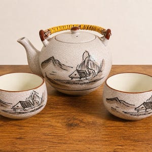 Vintage Asian Teapot Set Ceramic Tea Pot w 2 Cups Bamboo Handle Japan Style