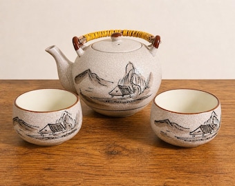 Vintage Asian Teapot Set Ceramic Tea Pot w 2 Cups Bamboo Handle Japan Style