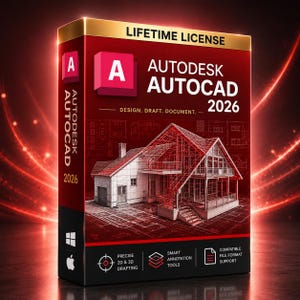 Może przedstawiać: Prostokątne pudełko z oprogramowaniem Autodesk AutoCAD 2026 w kolorze czerwono-czarnym. Przód przedstawia model domu w formie szkieletowej, tekst "LIFETIME LICENSE", "DESIGN. DRAFT. DOCUMENT." oraz ikony narzędzi do projektowania i adnotacji.