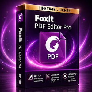 May include: A purple software box for Foxit PDF Editor Pro featuring a white logo and the text LIFETIME LICENSE. The packaging displays icons for editing, annotating, and securing PDF documents, along with Windows and Apple operating system logos.