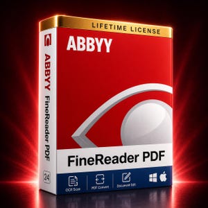 May include: A rectangular software box for ABBYY FineReader PDF with a red and white design. The front features a large eye graphic, the text LIFETIME LICENSE, and icons for OCR Scan, PDF Convert, and Document Edit, plus Windows and Apple logos.