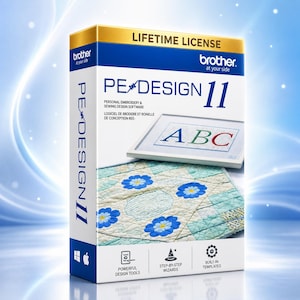 May include: A Brother PE-DESIGN 11 software box featuring a lifetime license. The packaging displays the product name, a graphic of an embroidery hoop with the letters ABC, and a quilted fabric pattern with blue flowers. Icons indicate design tools.