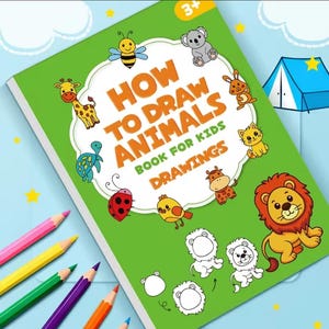 May include: A green instructional drawing book titled How to Draw Animals Book for Kids Drawings, featuring colourful cartoon illustrations of a bee, koala, giraffe, rabbit, turtle, cat, chick, and lion, alongside five coloured pencils.
