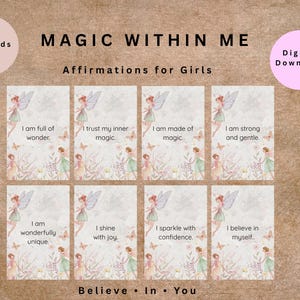 Op de afbeelding: Een set van 20 affirmatiekaarten voor meisjes, getiteld "Magic Within Me". Elke kaart bevat een feeënillustratie en een positieve affirmatie. De kaarten zijn ontworpen met een bloemenachtergrond en de woorden "Believe In You".