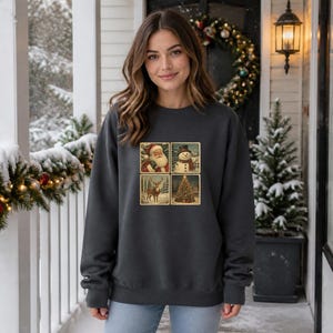 Sudadera vintage navideña de patchwork con Papá Noel, muñeco de nieve, reno y árbol.