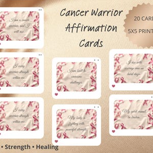 Pode incluir: Um conjunto de cartões de afirmação imprimíveis para guerreiros do câncer. Cada cartão apresenta uma moldura branca com um design de fita rosa e uma afirmação positiva. Os cartões medem 12,7 x 12,7 cm e incluem frases como "Eu sou um guerreiro do câncer e vou me levantar."