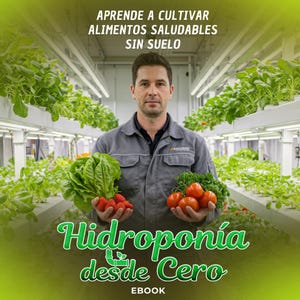 Puede incluir: Un hombre con camisa de trabajo gris sostiene productos frescos, incluyendo lechuga, fresas, tomates y perejil, en un entorno de granja hidropónica. La imagen tiene texto que dice "APRENDE A CULTIVAR ALIMENTOS SALUDABLES SIN SUELO" e "Hidroponía desde Cero EBOOK".