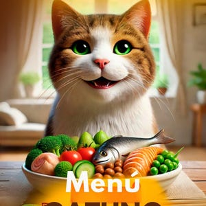 Puede incluir: Portada de libro de cocina con un gato sonriente de ojos verdes. El título en español dice "100 recetas sabrosas para consentir a tu gato". Un cuenco de comida fresca está frente al gato, con las palabras "Menú Gatuno" debajo.
