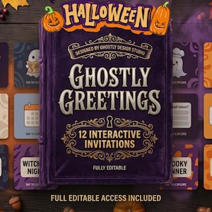 Puede incluir: Una portada de libro morada con el texto Ghostly Greetings 12 Interactive Invitations Designed by Ghostly Design Studio. La portada presenta bordes dorados ornamentados y un icono de cerradura. Iconos cuadrados con fantasmas rodean el libro.
