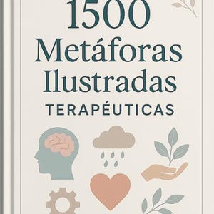 以下が含まれることがあります： ターコイズ色の文字で「1500 Metáforas Ilustradas Terapéuticas」と書かれた本の表紙。脳、雲、心臓、葉を持つ手、歯車のイラストが、すべてソフトカラーで描かれています。