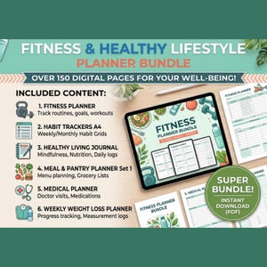 Puede incluir: Un paquete de planificadores digitales de fitness y estilo de vida saludable con más de 150 páginas. El conjunto incluye un planificador de fitness, rastreadores de hábitos, diario de vida saludable, planificador de comidas y médico.
