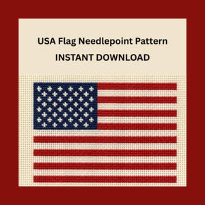 May include: A needlepoint pattern of the USA flag on a cream-colored grid background. The text reads USA Flag Needlepoint Pattern and INSTANT DOWNLOAD. The flag features a blue canton with white stars and alternating red and white horizontal stripes.