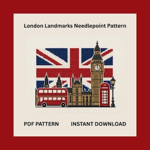 Londoner Wahrzeichen – Stickvorlage | Big Ben, Bus, Union Jack (PDF-Download)