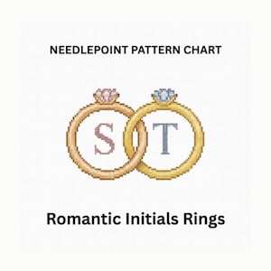 Può includere: Uno schema per ricamo a mezzo punto intitolato "Romantic Initials Rings" con due anelli intrecciati. L'anello a sinistra è in oro rosa con la lettera S, quello a destra è in oro giallo con la lettera T. Ogni anello ha una piccola pietra.