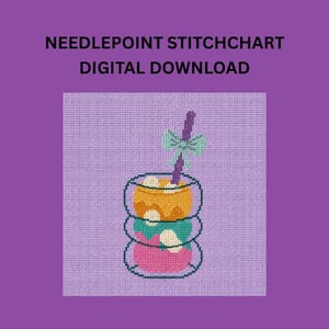 Puede incluir: Descarga digital del gráfico de punto de cruz. Un diseño apilado y colorido que se asemeja a un postre o bebida, con capas de naranja, verde azulado y rosa. Una pajita morada con un lazo verde azulado se encuentra encima. El fondo es lila claro.