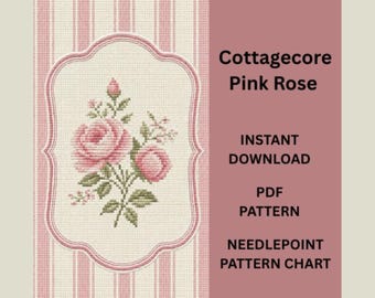 Borduurpatroon Cottagecore roze roos | Vintage bloemenlijst pdf