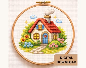 Patrón de punto de cruz "Cabaña acogedora", diseño de bordado de paisaje (descarga en PDF)