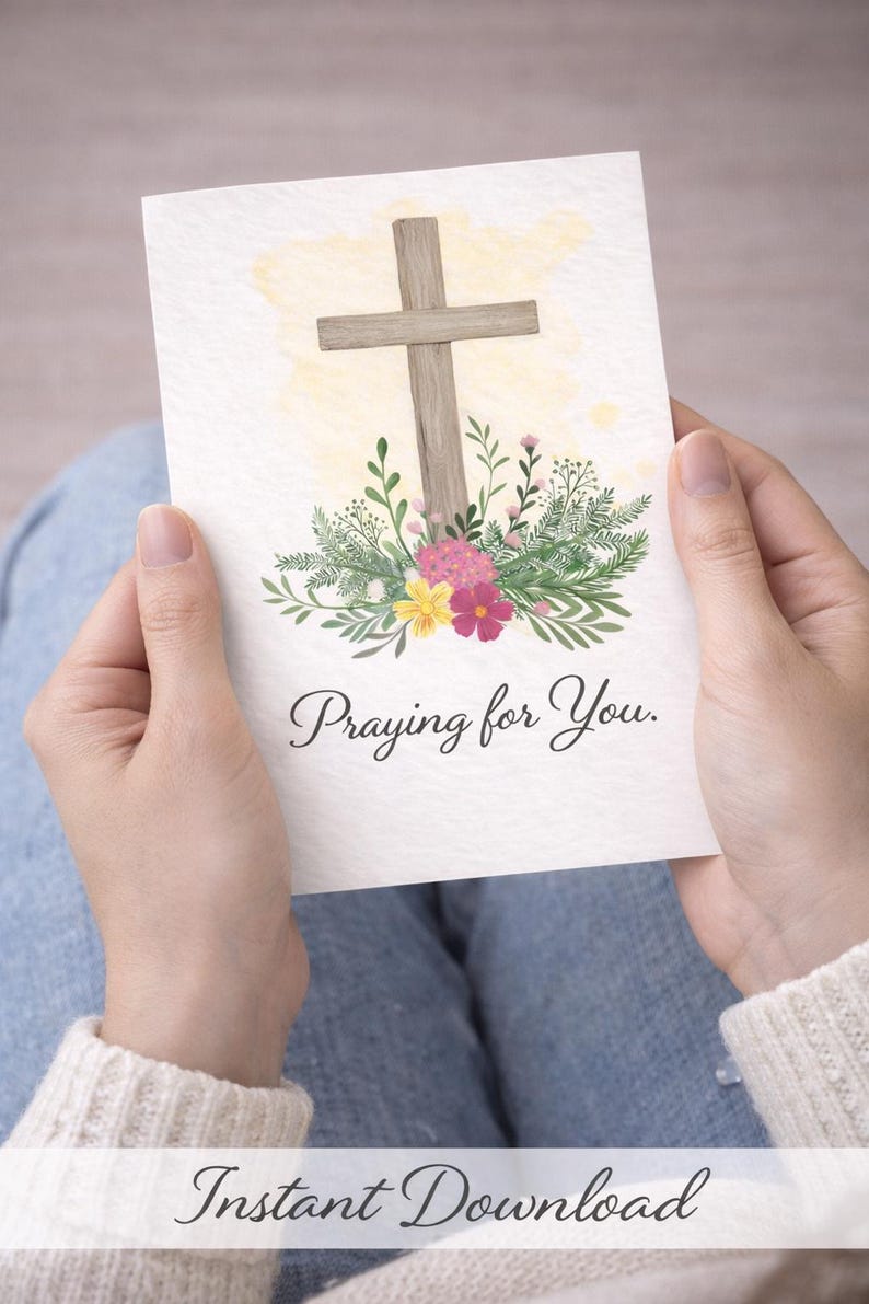 Christian Encouragement Card, Watercolor Cross Floral Praying for You ...